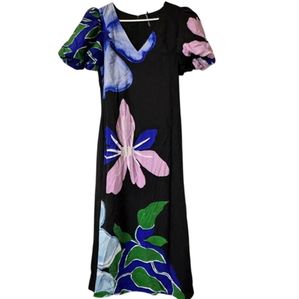 Anthropologie Puff-Sleeve A-Line Floral Maxi Dress L - Picture 2 of 8